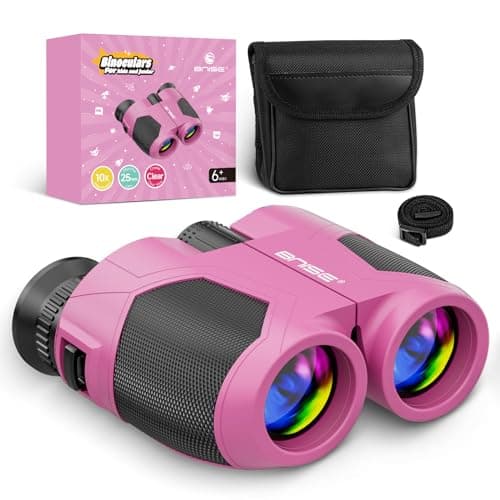 BNISE Kids Binoculars for Girls 10x25 Compact Camping Hiking Gift Pink