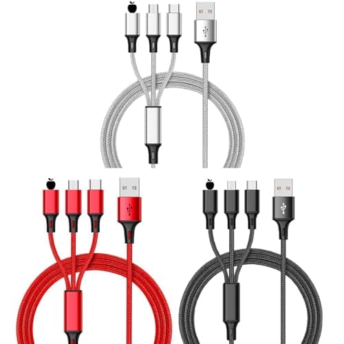 SINJAETRQ Multi Charging Cable3 Packs, 3A 3 in 1 Fast Charging Cord,1.2M Nylon Braided Multiple USB Cable with Micro USB Type C Cable Connector(Black+Sliver+Red)