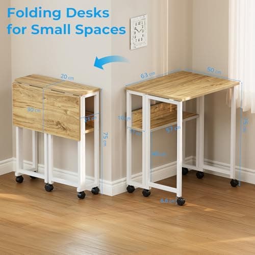 GreenForest Folding Desk 63 cm with Storage Shelf and Wheels, Oak — view 3