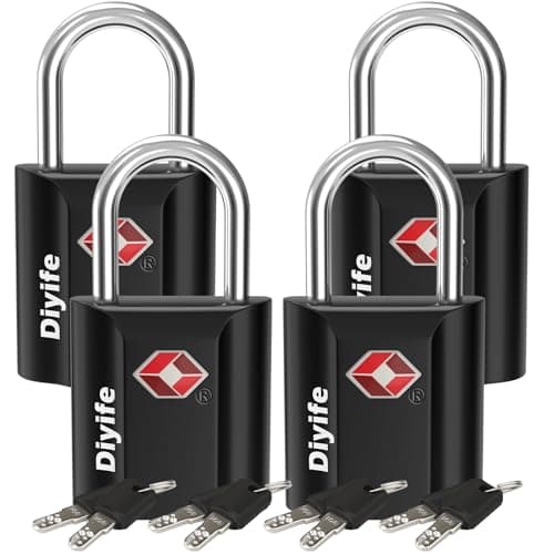 TSA Luggage Lock with Keys [4 Pack] - Diyife Heavy Duty Zinc Alloy Suitcase Padlock for Travel Bags and Cases - Black