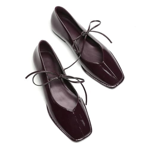 ETPSJKR - Women's ballet flats with laces, square toe, ballerina shoes, pretty bows, flat shoes for office, Burgundy, 26.0 cm — view 5