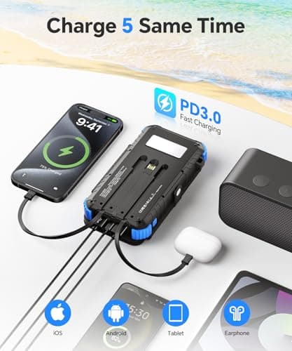 Solar Power Bank 20000mAh with 4 Panels & Built in Cables, Portable Charger with USB-C, Powerbank 15W Fast Charging 3A Output/Input for Phone, Outdoor Camping Battery Pack with Flashlight — view 4