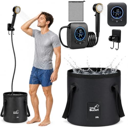Portable Camping Shower, 8000mAh Rechargeable Portable Shower Pump with 20L Collapsible Bucket LED Display, 5 Water Pressure, 4 Spray Modes, IPX8 Waterproof Outdoor Shower for Hiking Travel Car Pet