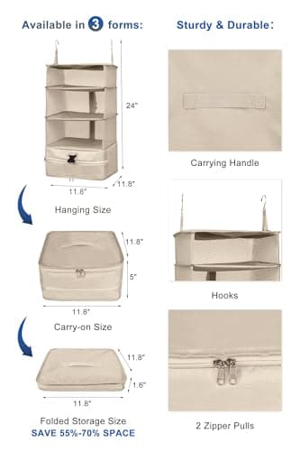 ELEZAY Hanging Packing Cubes Portable Closet Shelves Travel Collapsible Compression Garment Organisers for Carry-on Luggage Suitcase with Breathable Perforated Material Large, Beige — view 3