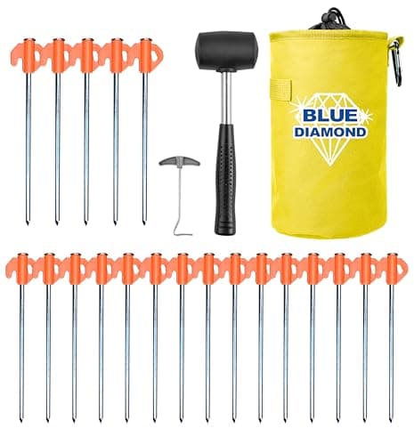 Blue Diamond Heavy Duty Tent Pegs - 20 Pack Hard Ground Tent Pegs, Camping Pegs for Awnings, Gazebos, Outdoor Use - Galvanized Steel (Deluxe Kit (Mallet, Peg Puller, Carry Bag))