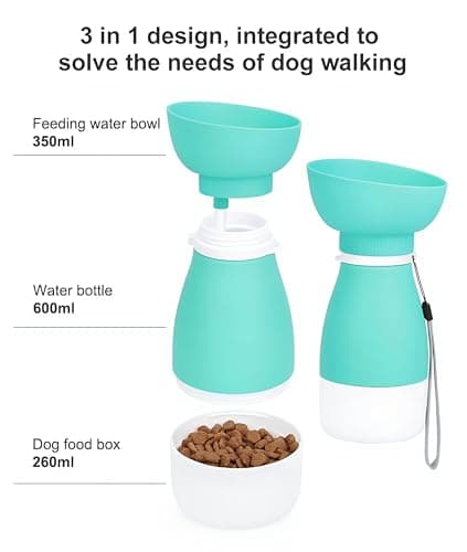 Shiergongli 2-in-1 Foldable Dog Water Bottle & Food Container – 600ml Portable Pet Dispenser with Bowl & Leakproof Valve, BPA-Free Travel Feeder for Puppy, Cat, Small Pets (Green, 600ml+260ml) — view 3