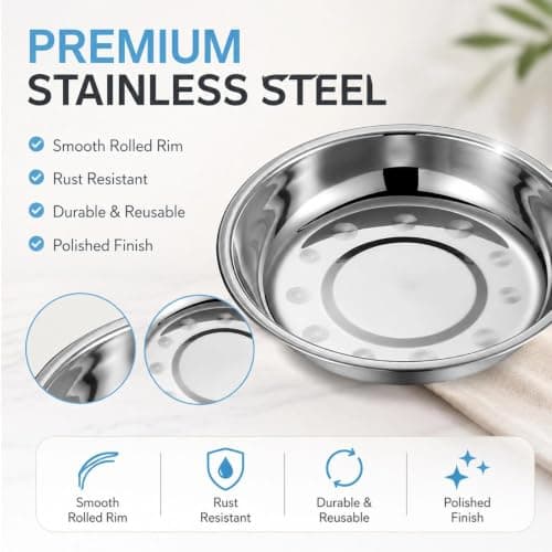 8 Pcs Stainless Steel Cat Bowl Set, Wide Shallow Kitten Feeding Plates, Whisker Friendly Flat Metal Dishes for Cat Food and Water, Dishwasher Safe, for Small Dogs and Pets — view 3