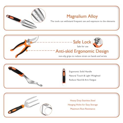 ABRFC Garden Tool Set, 11 Pieces Aluminum Heavy Duty Gardening Kit Gardening Gifts for Women & Men Garden Tool Set with Spray-Bottle, Bag, Gloves Indoors & Outdoors Durable (11 Pieces) — view 3