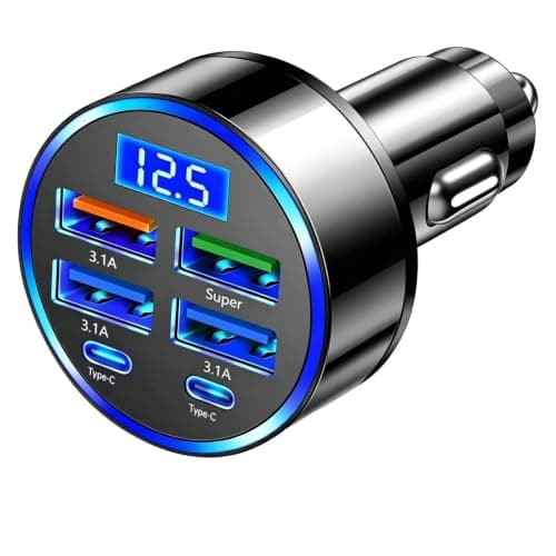 Car Charger Adapter, Super Fast Car Charger with Digital Display, 6-in-1 Car USB Charger for Multiple Devices, 12V Car USB Adapter for Family Road Trips and Business Commuters