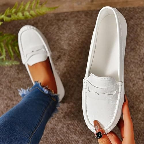 Leather Penny Loafers for Women Slip‑On Flats Pumps Moccasin (White 5 UK) — view 5