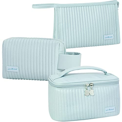 Linpr Travel Makeup Bag, Large Capacity 3 Pcs Cosmetic Bags Set, Light Blue