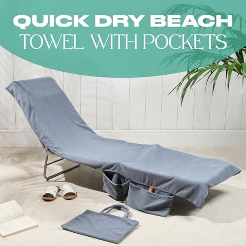 Brentfords Sun Lounger Towels with Pockets, Microfibre Large Beach Towel in a Bag Sunbed Towel Holiday Accessories Swimming Pool Quick Dry Beach Towels Summer Essentials, Charcoal Grey 215x75cm — view 2