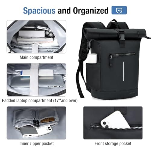 Lekeinchi Waterproof Laptop Backpack for Men and Women - Lightweight Roll Top Design for School, Travel, Business, Work, and Camping(Black) — view 4