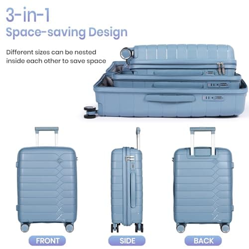 H.yeed 3 Piece Suitcase Set PP Hard Shell Luggage Set Lightweight Carry on Travel Hand Luggage with Spinner Wheels & TSA Lock 20" 24" 28" (Light Blue, 3 pcs Set) — view 5
