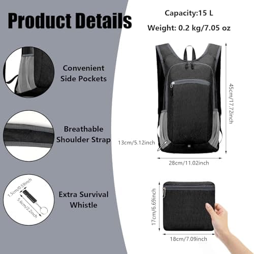 15L Packable Backpack Small Rucksack, Men Women Hiking Daypack with Whistle — view 2