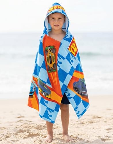 Hot Wheels Race Track Boys Blue Poncho Towel | Hooded Beachwear with Multi-Car Graphics & Checkered Pattern | Poolside Cover-Up | After-Bath Towel for Kids Merch — view 2