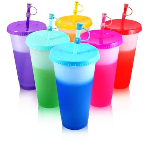 6 Pcs 24 oz Colour Changing Cups Reusable Tumblers with Lids & Straws Cover