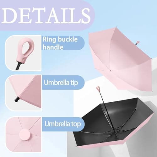 Travebo Mini Travel Folding Umbrella with Carabiner Ring Handle for Women Kids,Lightweight Compact,Portable Small,Handbag,Pocket,UV Protection,Fiberglass Ribs,Teflon coating,Rain Sun — view 3