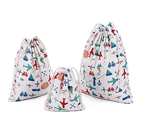 Amoyie Linen Drawstring Bag 3pcs, Kids Storage Bag, Fabric Organiser Pouch