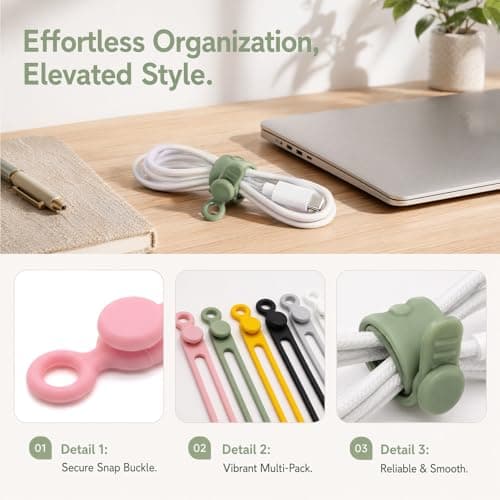 12 Pcs Reusable Silicone Cable Ties, Elastic Adjustable Buckle Design Cable Tidy Straps, Solid Color Portable Wire Organiser for Phone Charger Earphone Data Cables Home Office Travel — view 3