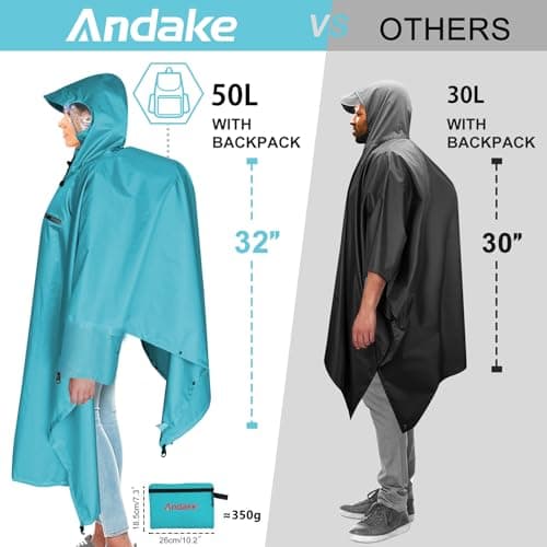 Andake Rain Poncho Waterproof Adult, Lightweight Reusable Raincoat Women Men Unisex with Hood for Hiking, Camping, Outdoor Activities — view 2