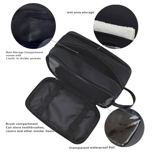 Men's Wash Bag, Water-Resistant Travel Toiletry Bag & Wet Pocket, Black — view 3