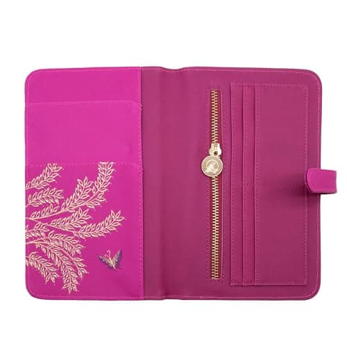 Sara Miller Anniversary Travel Wallet, Pink Peacock Design with Gold Embroidery, Card Slots and Zip Pocket — view 2