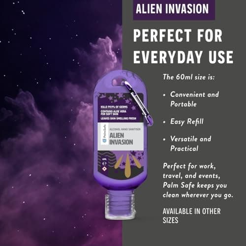 Palm Safe Alien Invasion 60ml Anti Bacterial Premium Hand Sanitiser Travel Size Refillable Clip Bottle Quick Drying Non Sticky Extra Moisturising Kills 99.9% of Viruses — view 4