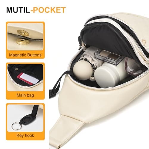 SUIKIHUM Anti Theft Crossbody Bags for Women, Travel Chest Sling Bag Casual Leather Handbags Lightweight Shoulder Bag Fanny Pack for Hiking,Sport,Gym, White — view 4
