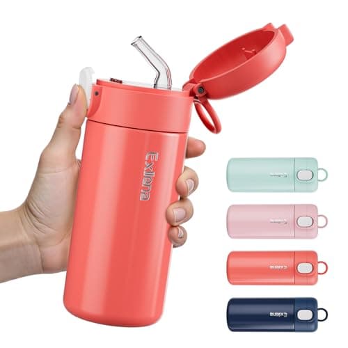 Exllena 300ml Small Water Bottle with One-Touch Soft Straw Lid, Double-Wall Vacuum Insulated Small Flask for Hot&Cold Drinks–Leak-Proof, Mini Water Bottle for Handbag, Yoga, Sport (Coral Red)