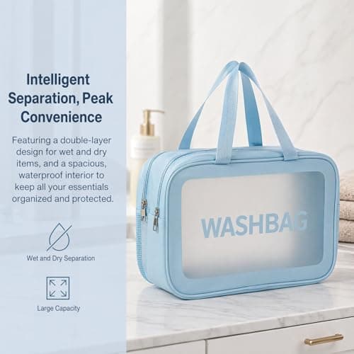 Large Double Layer Clear Toiletry Bag, Odourless Waterproof Wash Bag with Dry Wet Separation, PVC Travel Toiletries Organiser with Dual Handles, Reusable Makeup Bag for Men Women Gym Travel — view 4