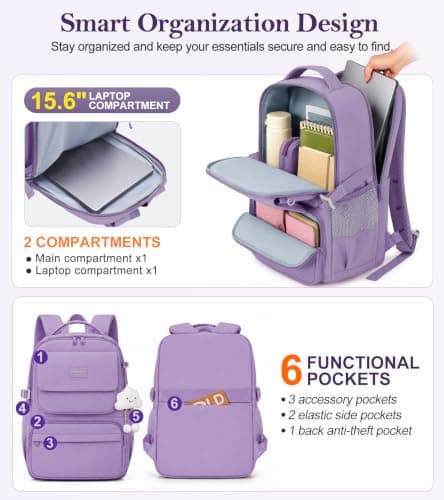 FIORETTO 25L School Bag for Girls & Teens, Womens Backpack Rucksack with Organized Pockets, Trolley Strap & Chest Buckle, Fits 15.6" Laptop, Ideal for School, Travel & Daily Use Purple — view 4