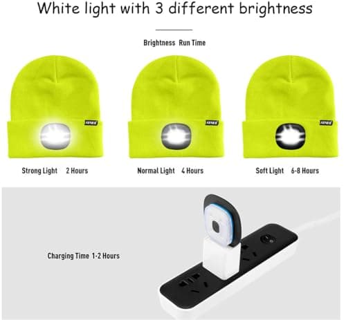 ATNKE LED Lighted Beanie Cap,USB Rechargeable Running Hat Ultra Bright 4 LED Waterproof Light Winter Warm Gifts for Men and Women/Fluorescent Yellow — view 6