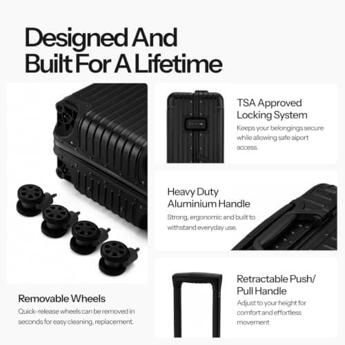 Riigid Black 28 Inch Aluminium Suitcase Large, Hard Shell Check in Luggage with Removable Wheels, Zipperless TSA Lock, 8 Spinner Wheels, Metal Travel Suitcase, Large Silver Luggage, 77 x 50 x 27cm — view 4