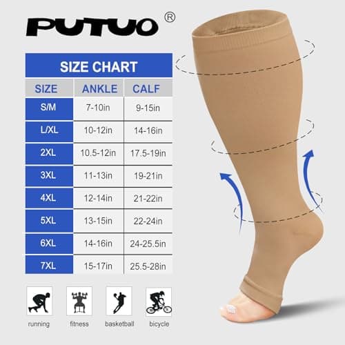 PUTUO Plus Size Compression Socks: Wide Calf Graduated Compression Stockings Men Women Open Toe Extra Large Compression Sock for Support Flight Travel Pregnancy Nurses 20-30 mmHg Beige 5XL 1Pairs — view 2