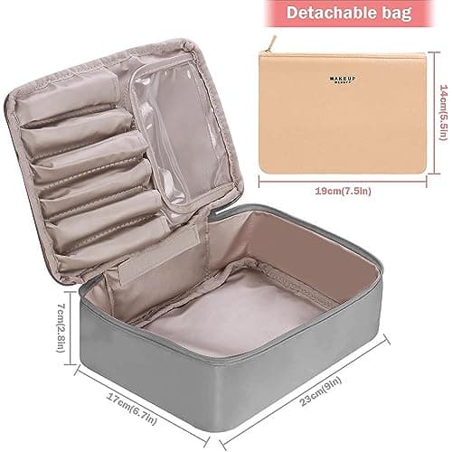 Travel Makeup Bag [with Brushes Holder & Detachable Pouch] Cosmetic Bag Large Capacity Waterproof Makeup Case Storage Organiser for Women & Girls (Grey) — view 6