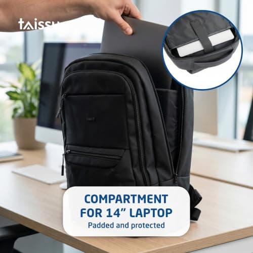 TAISSU - 16 Inch Laptop Backpack - 18L Water-Resistant Backpack - Laptop Compartment, Multiple Pockets and Trolley Strap - Unisex Work and Travel Backpack - Black — view 4