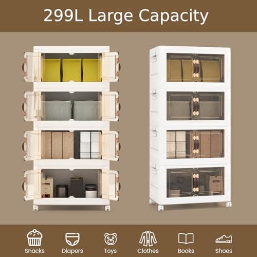 Multigot Folding Shoe Storage Box, 3/4/5 Tier Stackable Shoe Organizer Containers with Lid & Doors and Lockable Wheels, Collapsible Plastic Storage Bins Cabinet (59 x 37 x 137cm, 4-Tier) — view 4