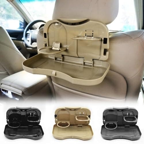 SiSinkal Car Back Seat Folding Table Tray with Integrated Cup Holder, Portable Auto Rear Drink Food Stand for Travel Meals and Snacks, Compact Plastic Organizer Bracket for Vehicle Interior(Beige) — view 2