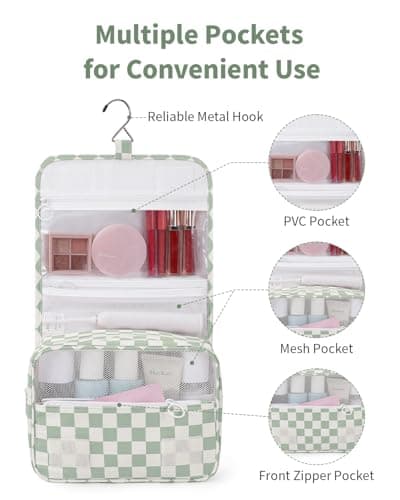 Narwey Hanging Toiletry Bag, Toiletry Bags for Women, Travel Toiletry Wash Bag Women, Toiletries Bag Washbag Makeup Bag Cosmetic Make up Organizer for Essentials (Mint Green Checkerboard) — view 2