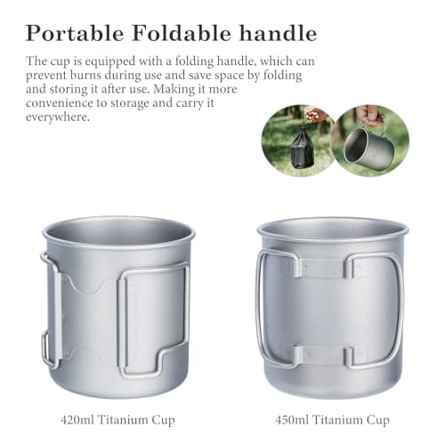Boundless Voyage Camping Cookware 420ml Titanium Camping Pot with Lid Foldable Handle Ultralight Titanium Cup Coffee Mug for Backpacking Hiking Ti3025D — view 3