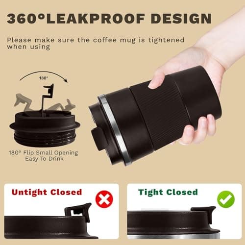 KANGSIT Travel Mugs, Insulated Coffee Cup with Leakproof Lid - Travel Mug Vacuum Stainless Steel Double Walled Mug for Hot and Cold Coffee Water and Tea - 380ml (Brown) — view 6