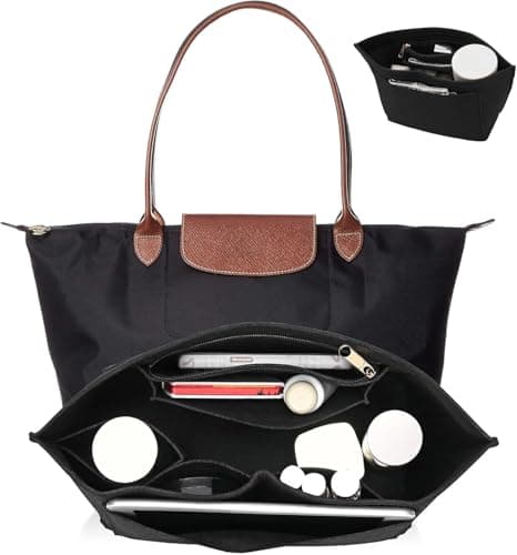 Umiup Multi-Pocket Handbag Organizer, Foldable Tote Bag Organizer for Longchamp, Black, Size L
