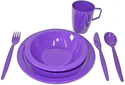 Purple Camping Dining Set - Plate, Bowl, Beaker and Cutlery - Reusable Virtually Unbreakable Tableware