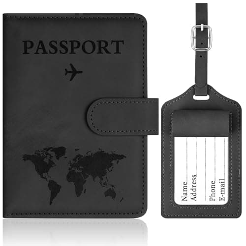 OFFCUP Passport Holder Cover, PU Leather Passport Cover and Luggage Tag Set with RFID Blocking Travel Wallet, Universal Travel Wallet Case Organiser for Money, Boarding Passes, Credit Cards Black