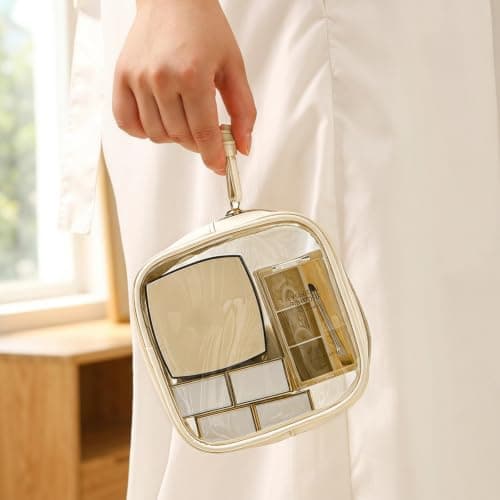 Clear Makeup Bag for Handbag, Small Makeup Bag for Women, Mini Makeup Bag, Waterproof Cosmetic Pouch, Travel Toiletry Organizer with Handle, Beige and Black — view 3