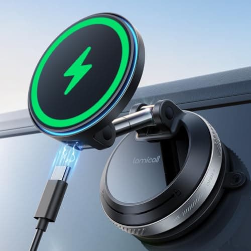 Lamicall for MagSafe Car Mount Charger, 15W Magnetic Wireless Car Charger, 70 Lbs Vacuum Suction Cup Phone Mount 360° Adjustable with Dual USB-C Ports, for iPhone 17 Pro Max 16 15 14 13 12 - Sliver