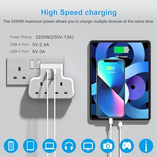 TOPREK Multi Plug Extension Socket with 2USB-A & 1USB-C, 2 Way Plug Adapter — view 3