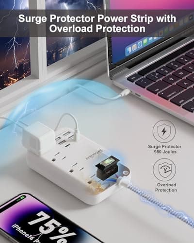 6 USB(2 USB C) Surge Protector Power Strip- 5Ft Travel Power Strip with 4.8A USB Charging Station and 4 Outlets, 13A Ultra Thin Flat Plug Braided Extension Cord with Wall Mount for Travel Office Dorm — view 5