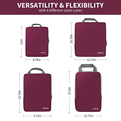 Eono Compression Packing Cubes, Luggage Organiser Set, Extensible Suitcase Organiser, Packing Organisers for Suitcases, Packing Cubes for Travel or Home Storage - Burgundy, 4 Set — view 2